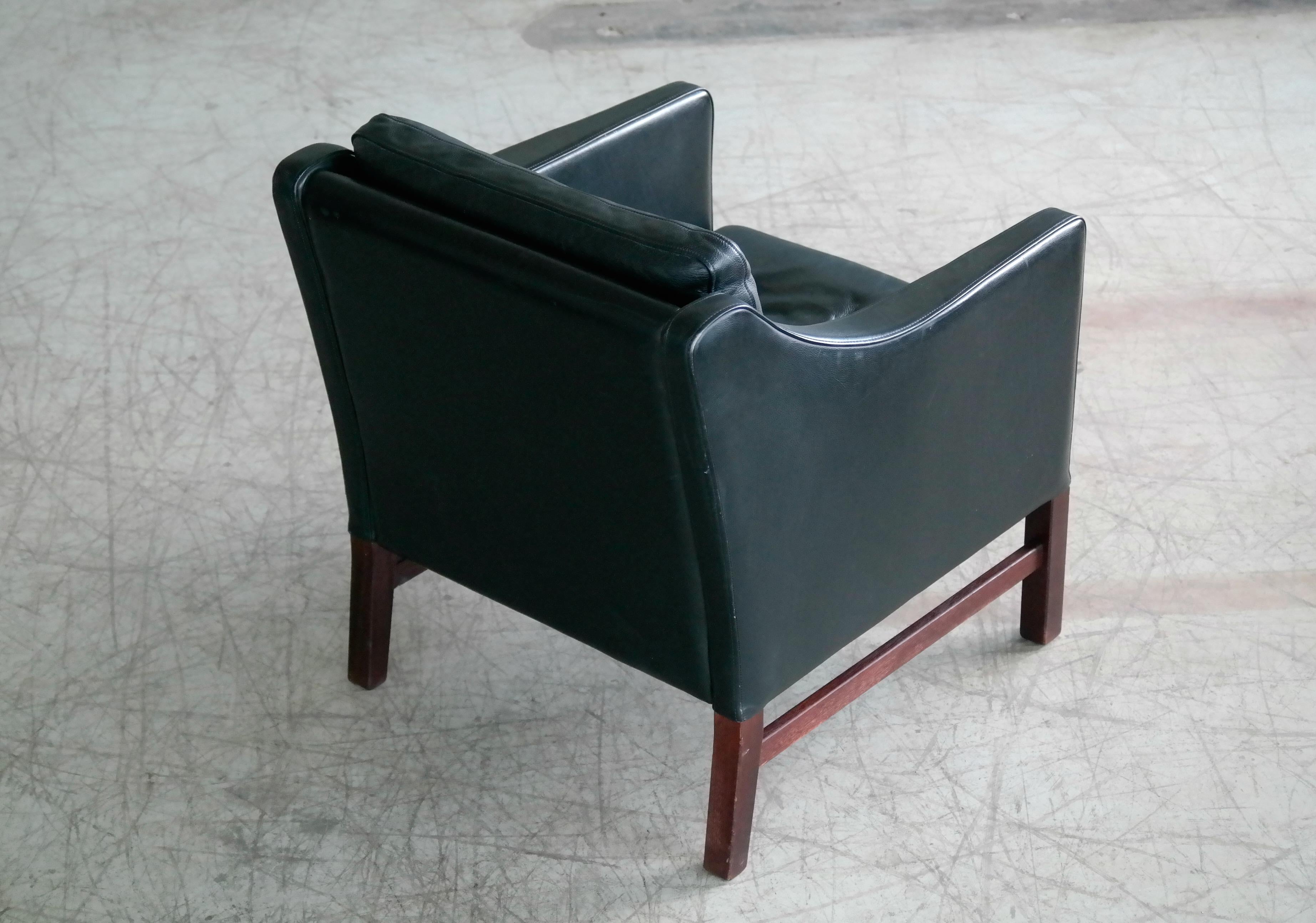 Børge Mogensen Style Pair Danish Black Leather Lounge Chairs by Takashi Okamura 1