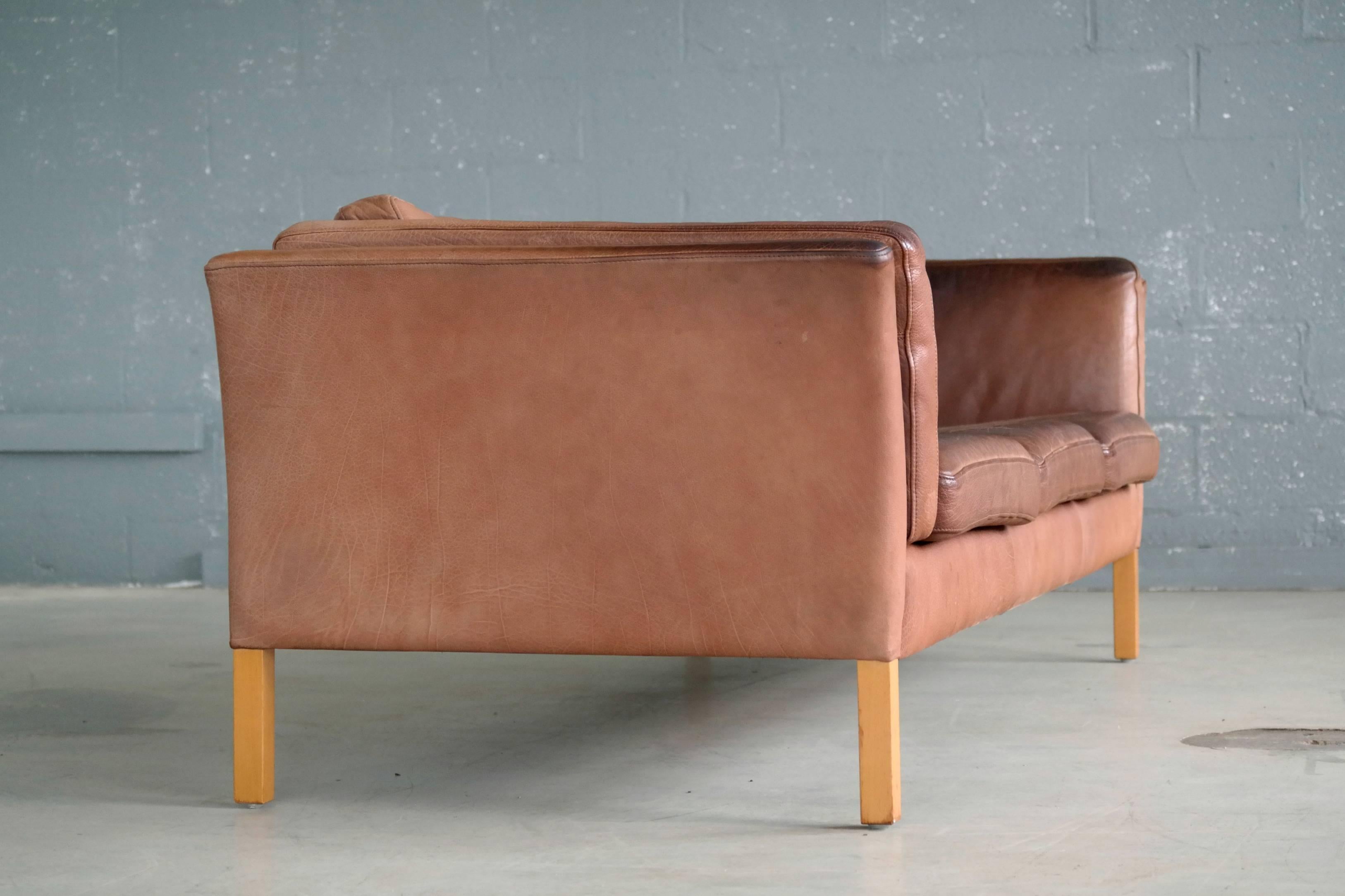 Danish Børge Mogensen Style Sofa in Patinated Light Cognac Buffalo Leather by Stouby