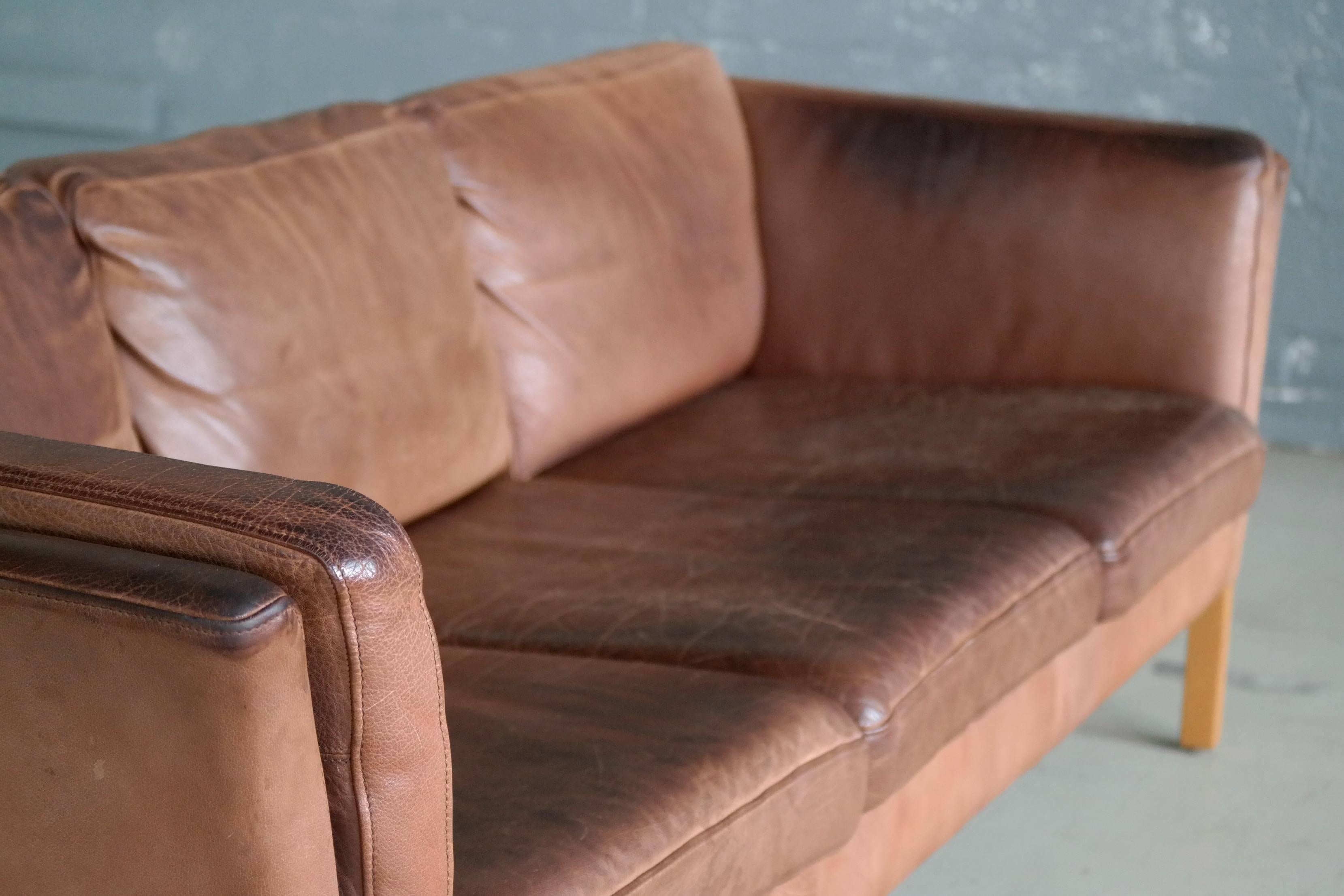 Børge Mogensen Style Sofa in Patinated Light Cognac Buffalo Leather by Stouby In Good Condition In Bridgeport, CT