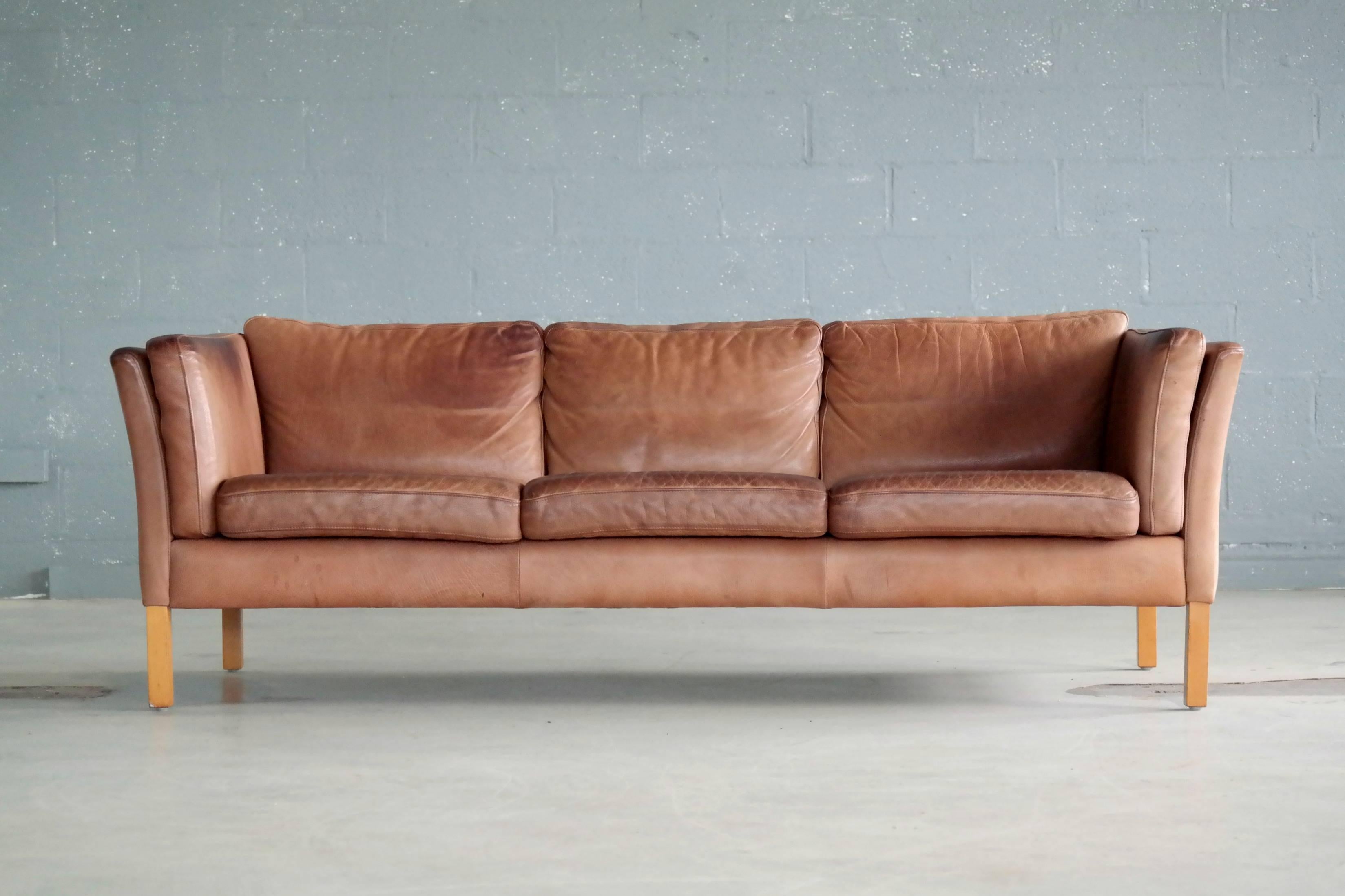 Børge Mogensen Style Sofa in Patinated Light Cognac Buffalo Leather by Stouby 1