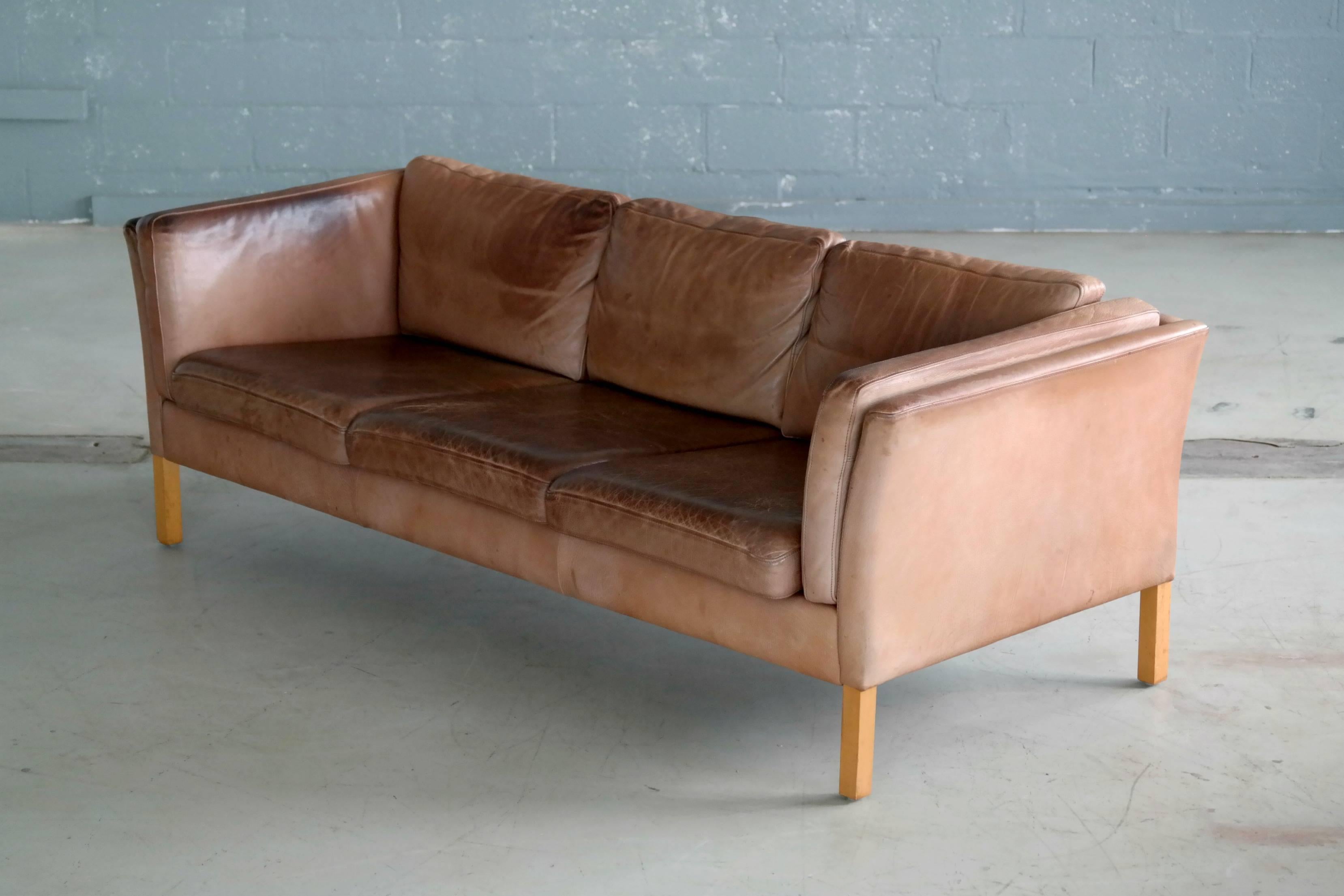 Børge Mogensen Style Sofa in Patinated Light Cognac Buffalo Leather by Stouby 2