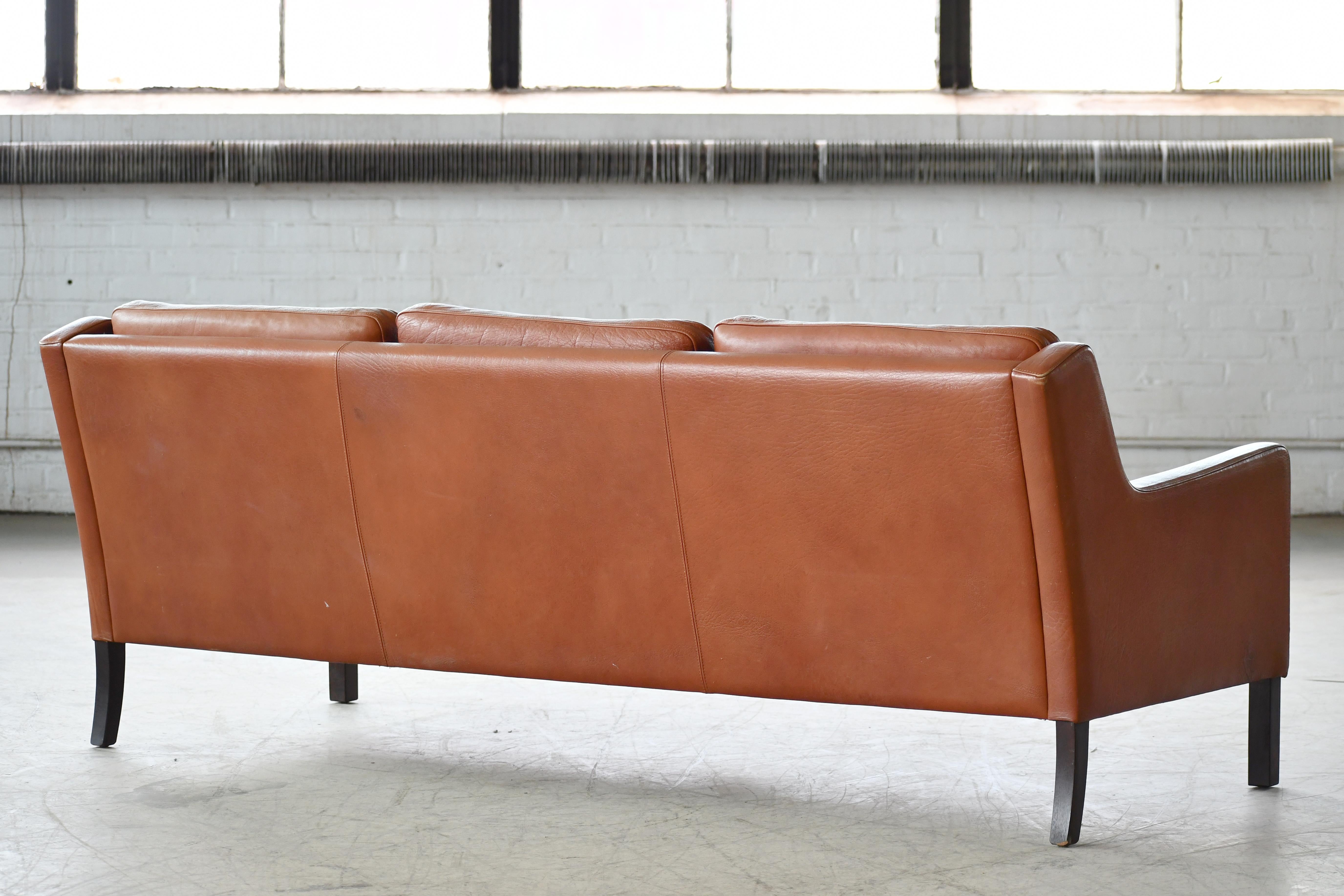 Scandinavian Modern Børge Mogensen Style Three-Seat Sofa in Cognac Leather by Georg Thams, Denmark For Sale