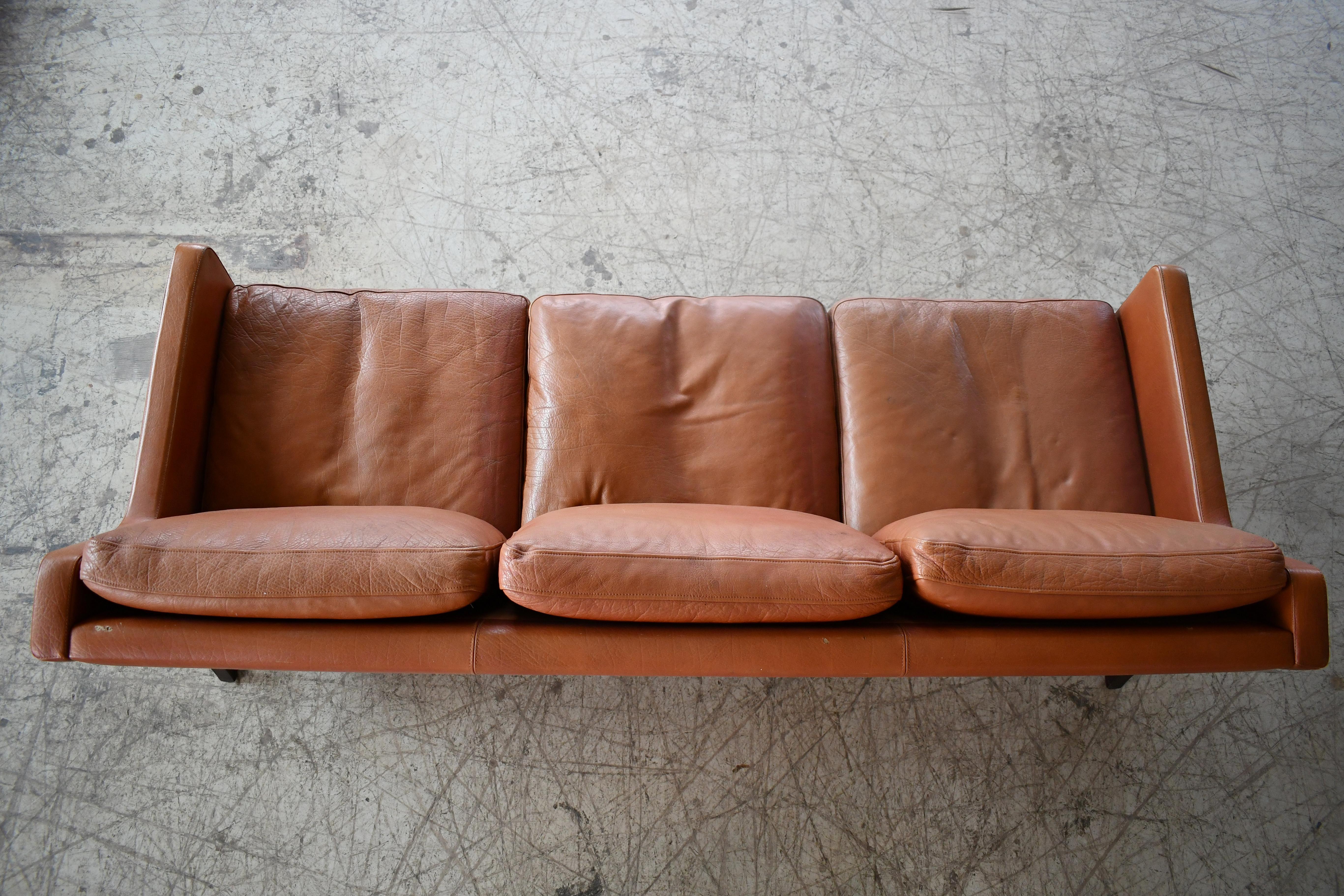 Late 20th Century Børge Mogensen Style Three-Seat Sofa in Cognac Leather by Georg Thams, Denmark For Sale