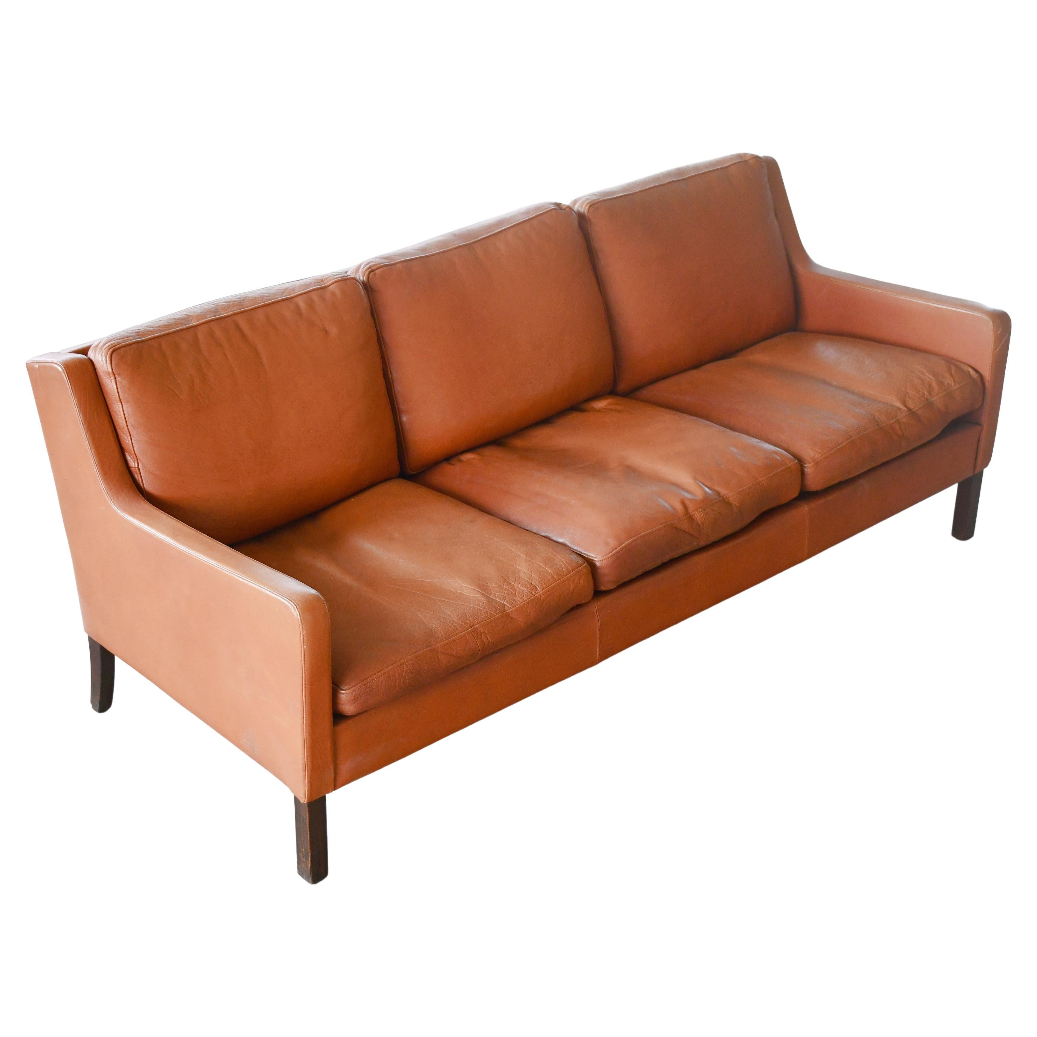 Børge Mogensen Style Three-Seat Sofa in Cognac Leather by Georg Thams, Denmark For Sale