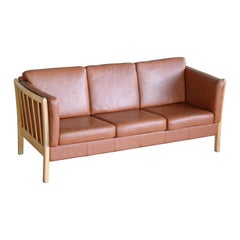 Børge Mogensen Style Three-Seat Spoke-Back Sofa in Cognac Leather