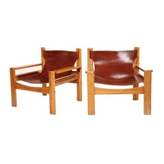 Mid-Century Modern Børge Mogensen Tan Saddle Lounge Leather Armchairs, 1950s 