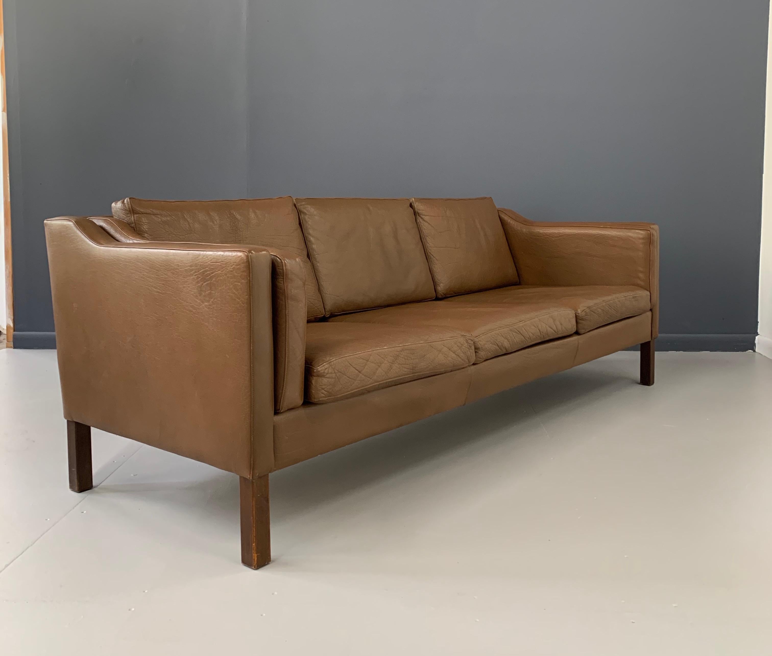 European Mid-Century Børge Mogensen Three-Seat Sofa in Brown Leather