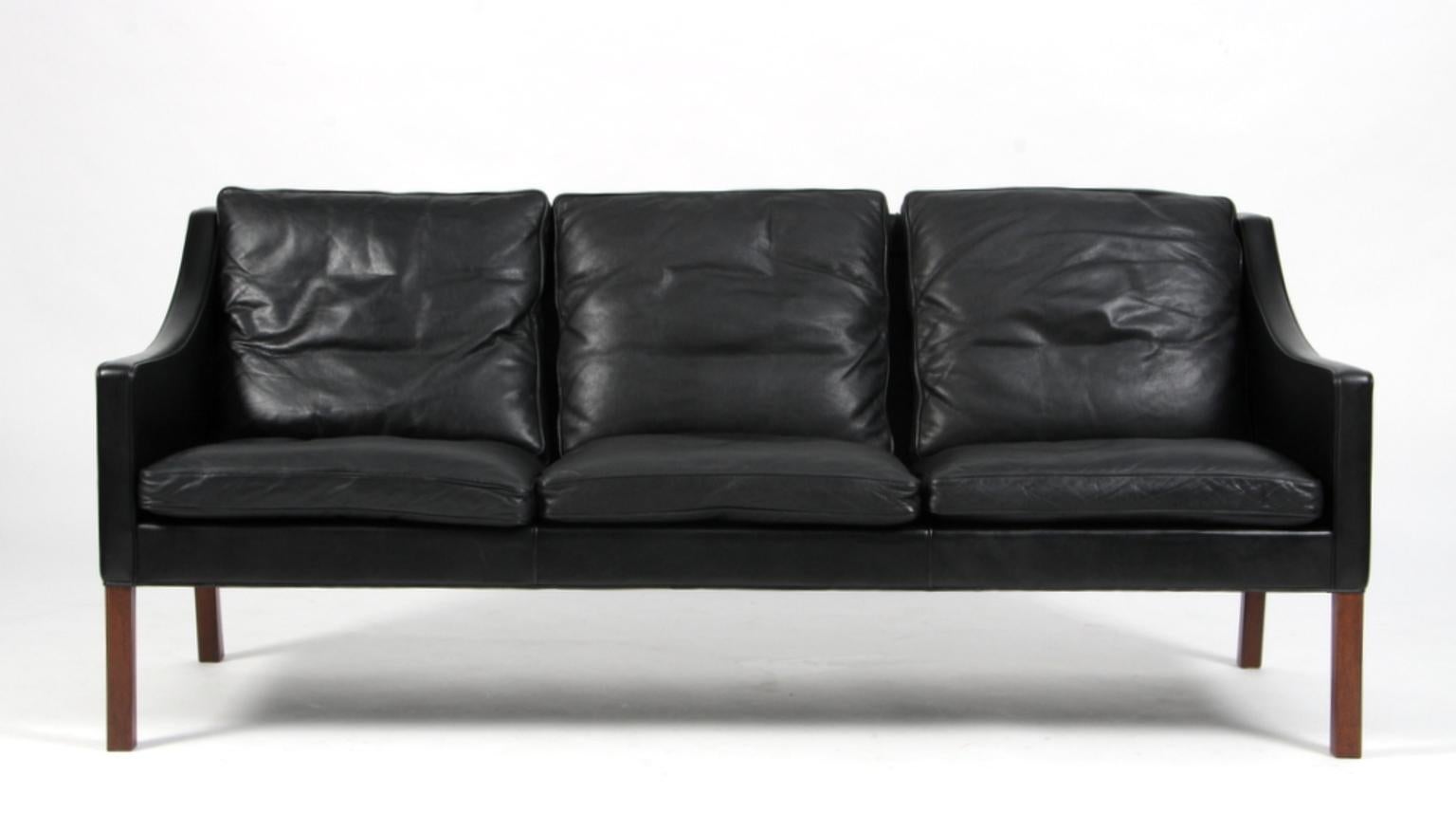 Scandinavian Modern Børge Mogensen Three-Seat Sofa in Original Black Leather, Model 2209