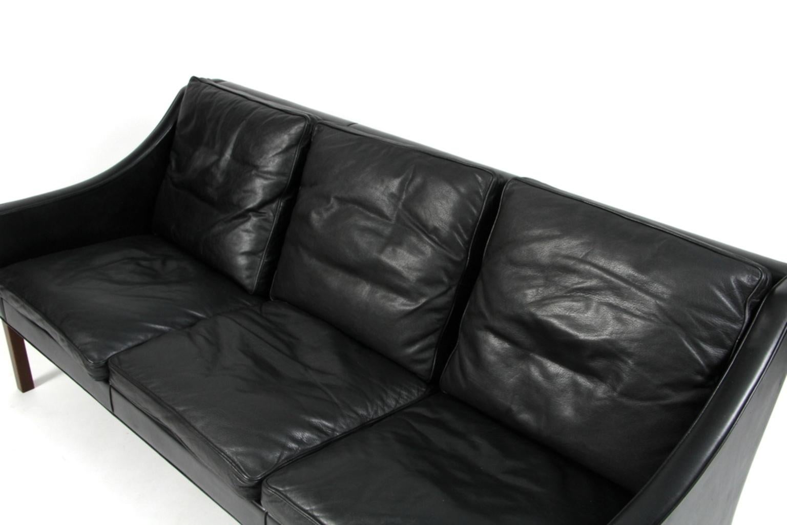 Danish Børge Mogensen Three-Seat Sofa in Original Black Leather, Model 2209