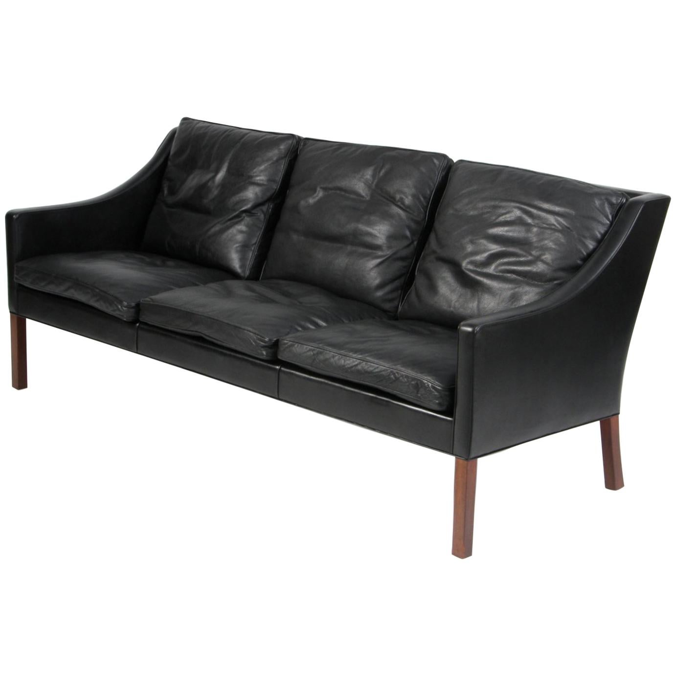 Børge Mogensen Three-Seat Sofa in Original Black Leather, Model 2209