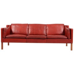 Børge Mogensen Three-Seat Sofa, Model 2213, Original Red Bull Leather