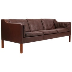 Børge Mogensen Three-Seater Sofa, Model 2213, Original Brown Leather