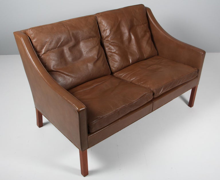 Børge Mogensen Two-Seat Sofa, Model 2208, Original Brown Leather at 1stDibs
