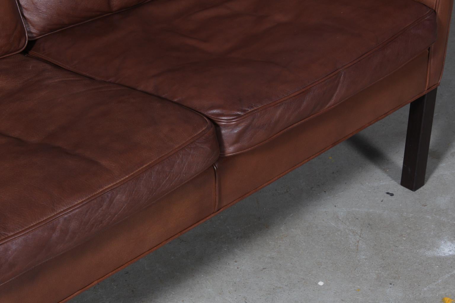 Børge Mogensen Two-Seat Sofa, Model 2208, Original brown Leather In Good Condition In Esbjerg, DK