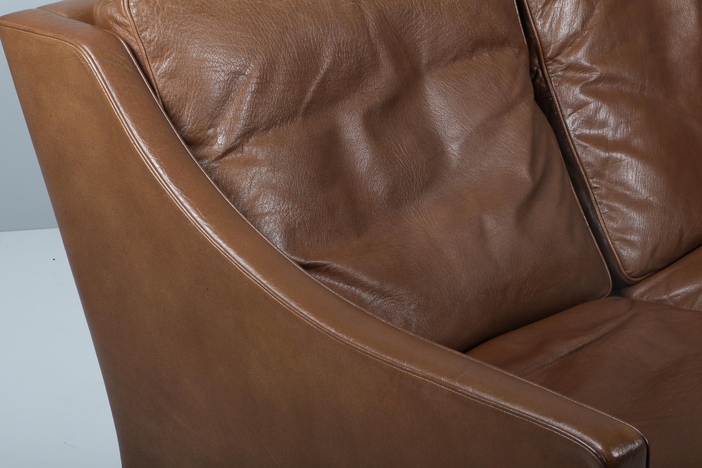 Mahogany Børge Mogensen Two-Seat Sofa, Model 2208, Original Brown Leather
