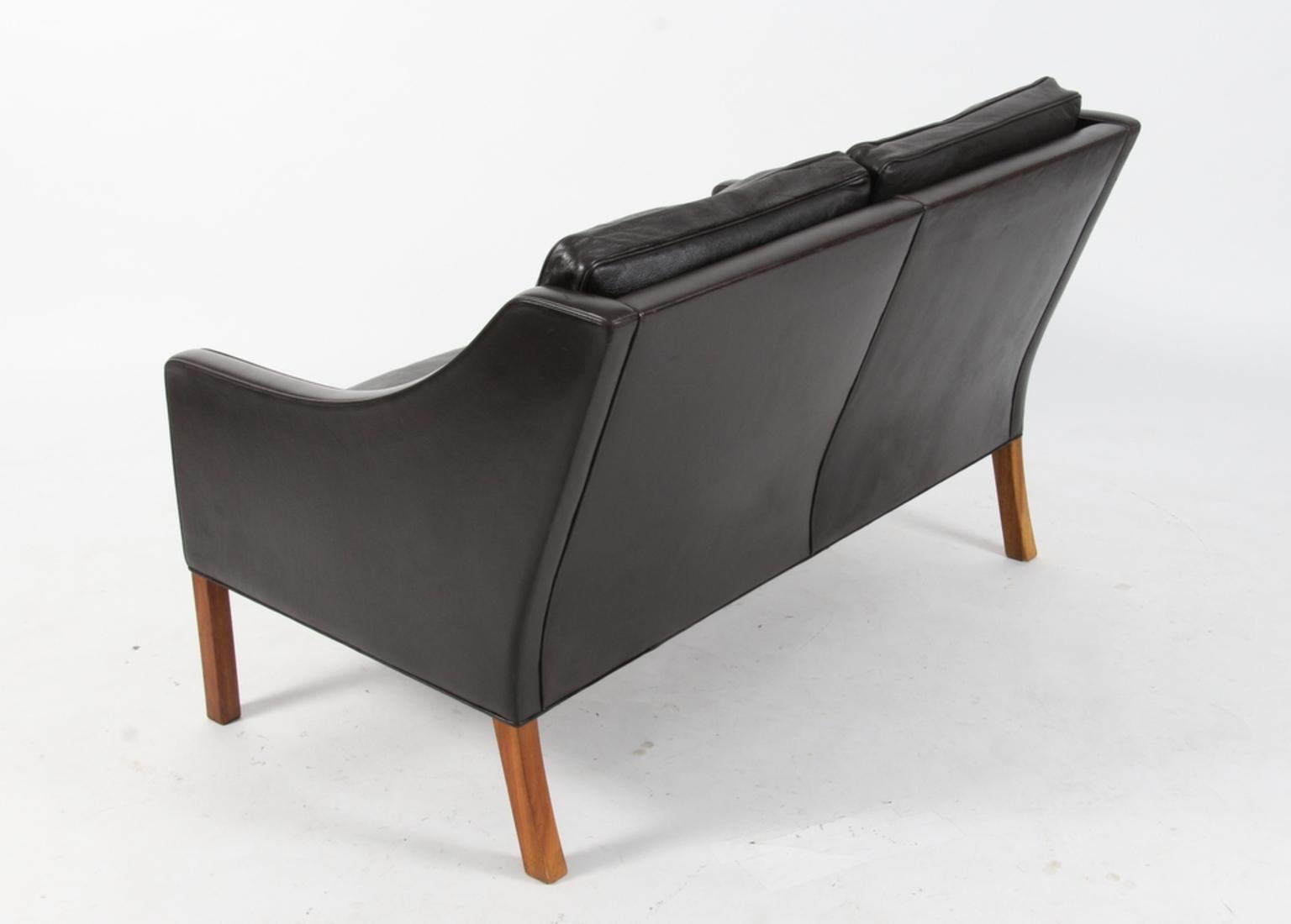 Scandinavian Modern Børge Mogensen Two-Seat Sofa, Model 2208, Original Dark Brown Leather