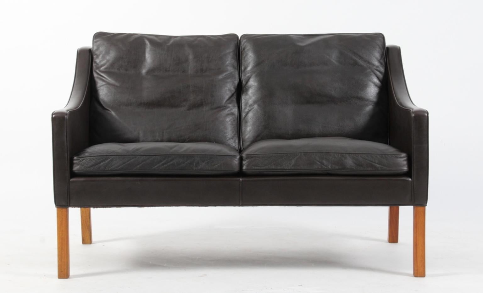 Danish Børge Mogensen Two-Seat Sofa, Model 2208, Original Dark Brown Leather