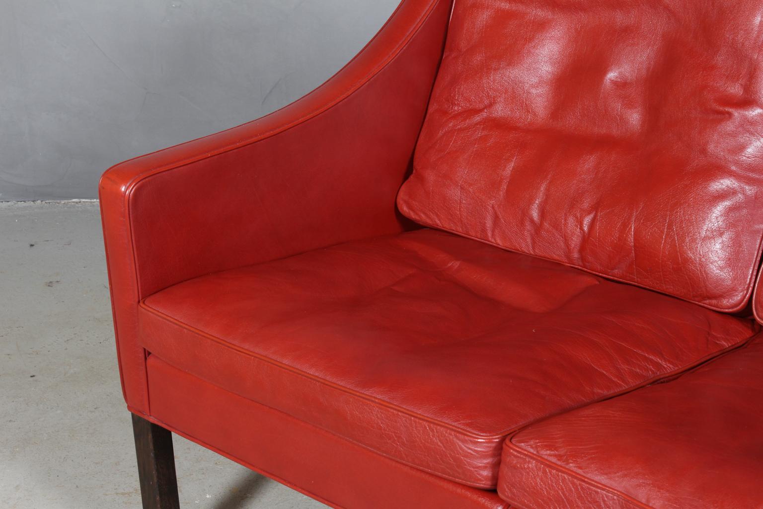 Børge Mogensen Two-Seat Sofa, Model 2208, Original red Leather In Good Condition In Esbjerg, DK