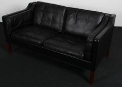 Børge Mogensen Model 2212 Two-Seat Sofa, Black Leather, Teak Legs