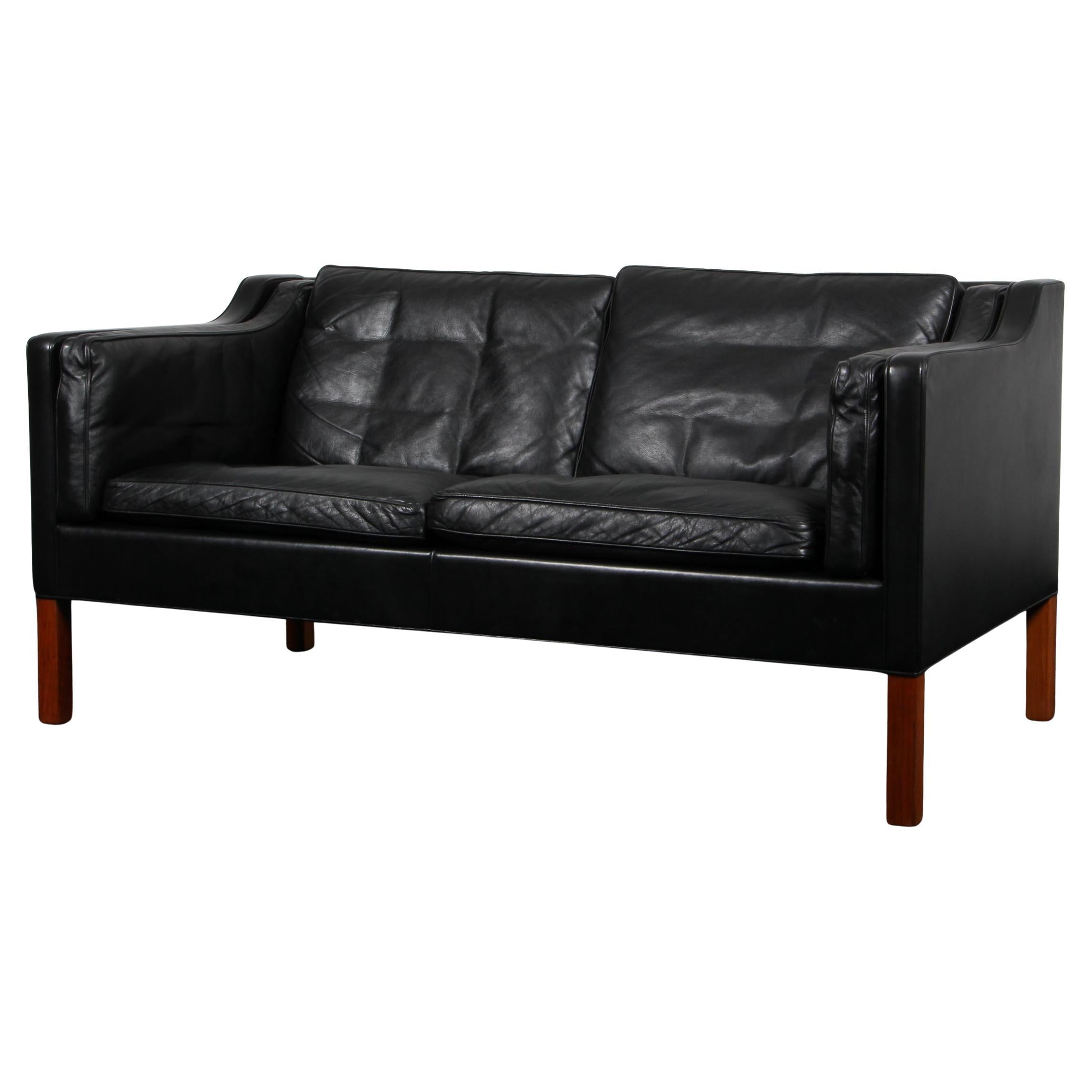 Børge Mogensen Model 2212 Two-Seat Sofa in Black Leather & Teak