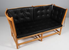 Børge Mogensen Zweisitziges Sofa, Tremmesofa Modell 1789, Buche und Leder