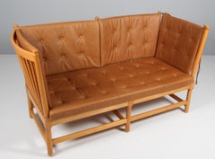 Børge Mogensen Zweisitziges Sofa, Tremmesofa Modell 1789, Buche und Leder