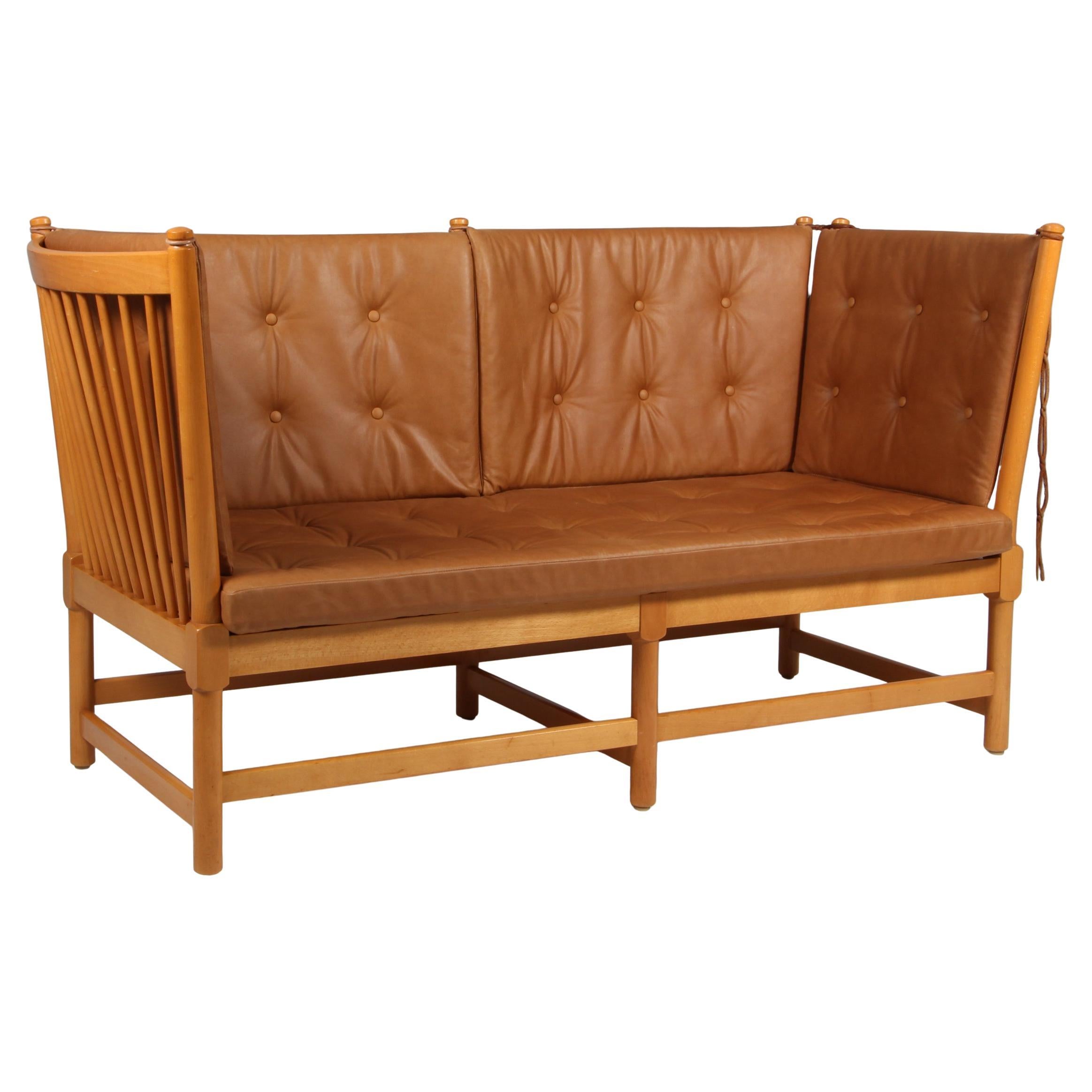 Børge Mogensen Two-Seat Sofa, Tremmesofa Model 1789, Beech and Leather For Sale