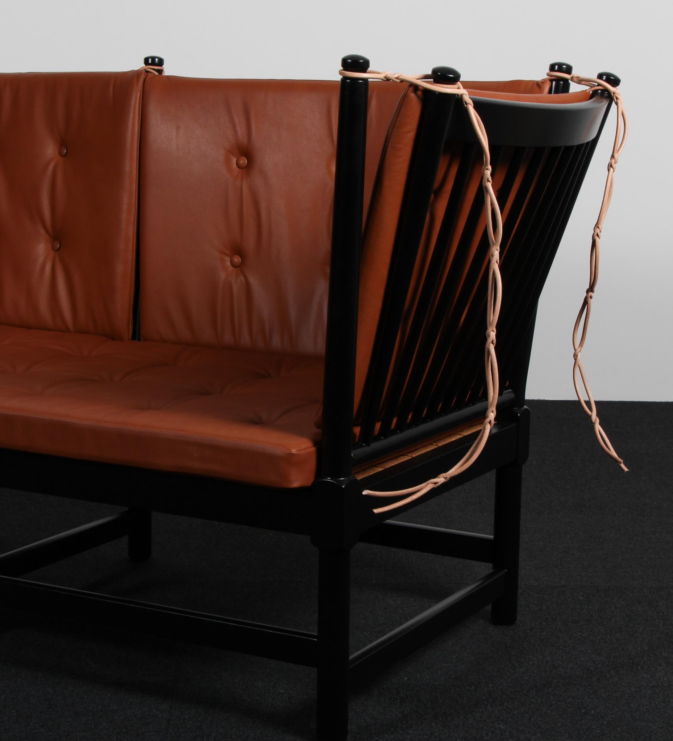 Børge Mogensen Two-Seat Sofa, Tremmesofa Model 1789, black Beech and Leather Excellent état - En vente à Esbjerg, DK