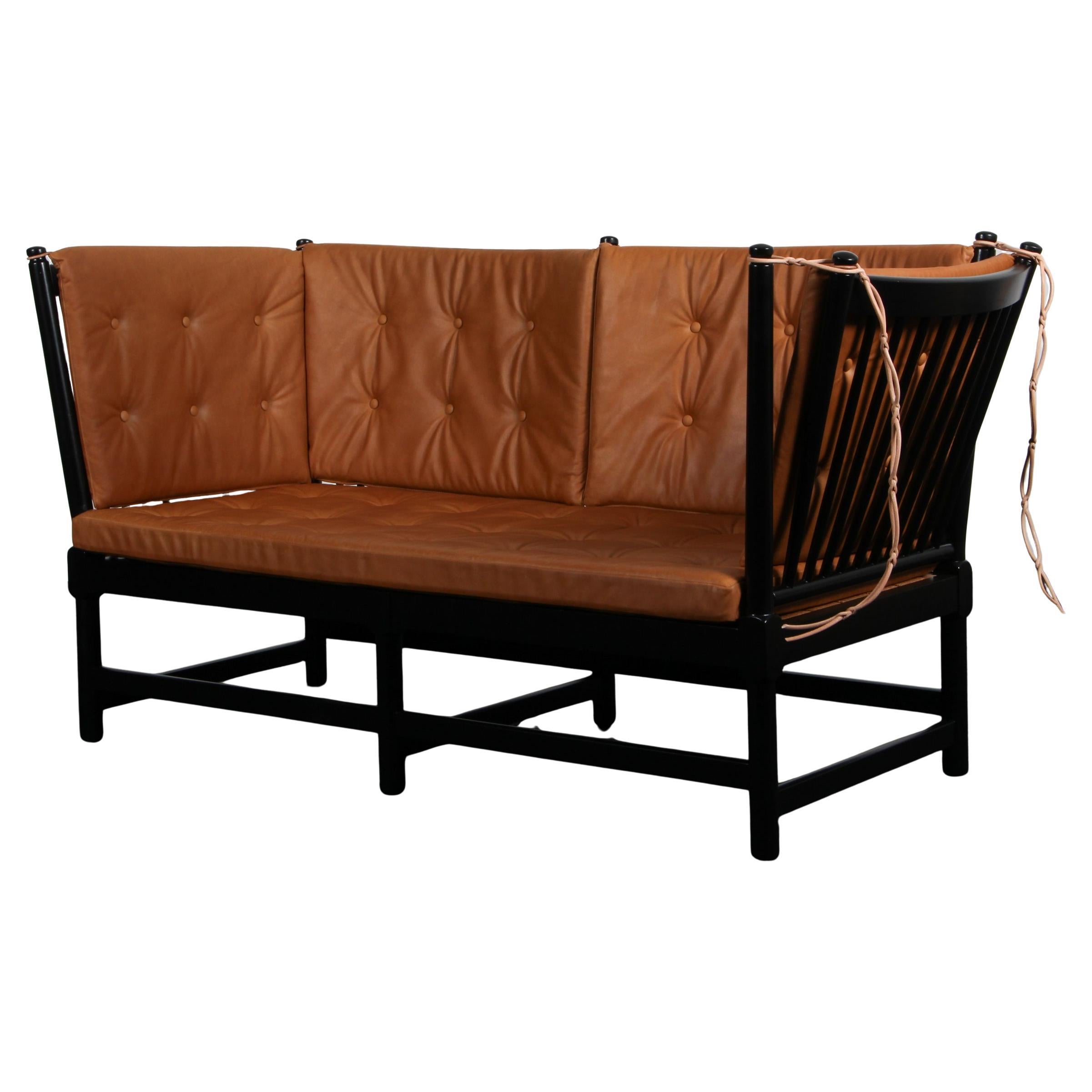 Børge Mogensen Two-Seat Sofa, Tremmesofa Model 1789, black Beech and Leather en venta