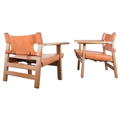 Børge Mogensen Vintage Pair of Spanish Chairs Oak Leather, Denmark, 1960s
