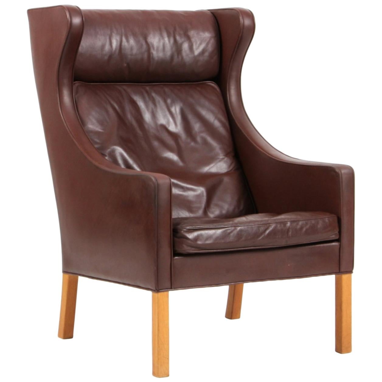 Børge Mogensen Wing Back Chair in Brown Original Leather, Model 2204