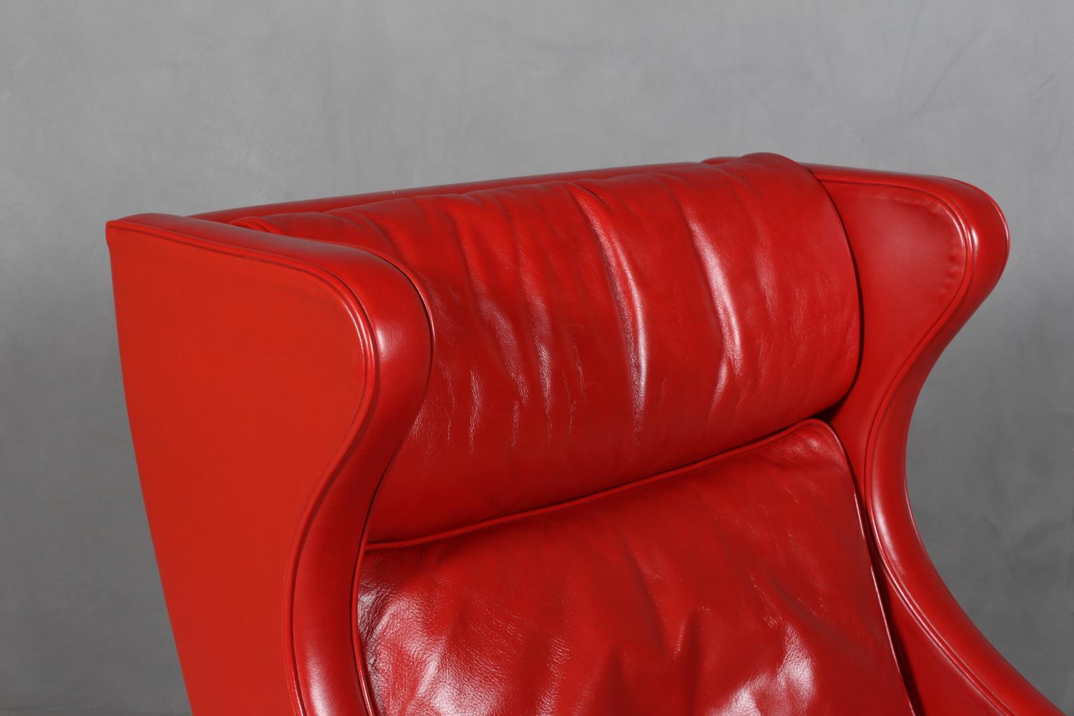 Danish Børge Mogensen Wingback Chair in Original Red Leather, Model 2204