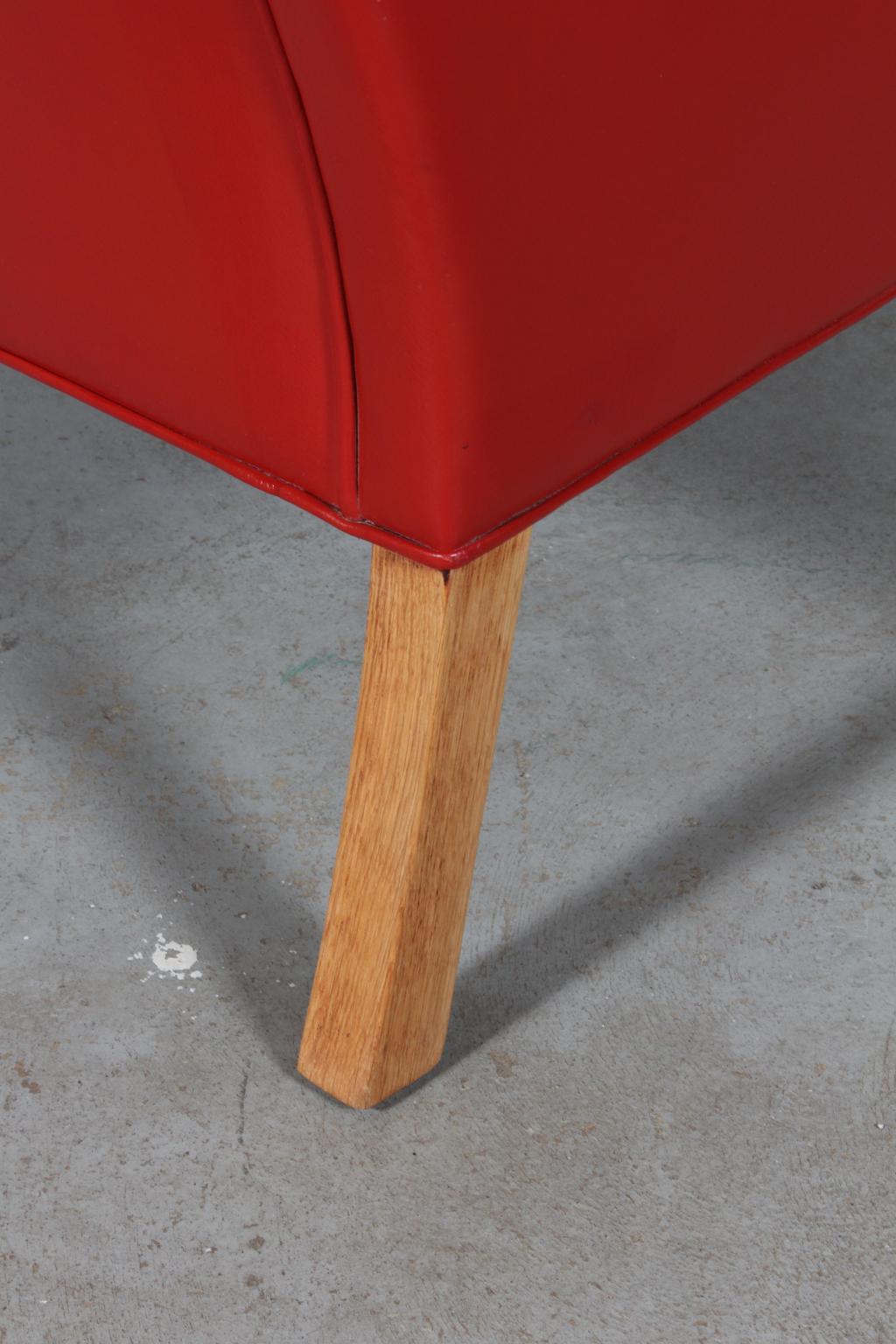 Oak Børge Mogensen Wingback Chair in Original Red Leather, Model 2204