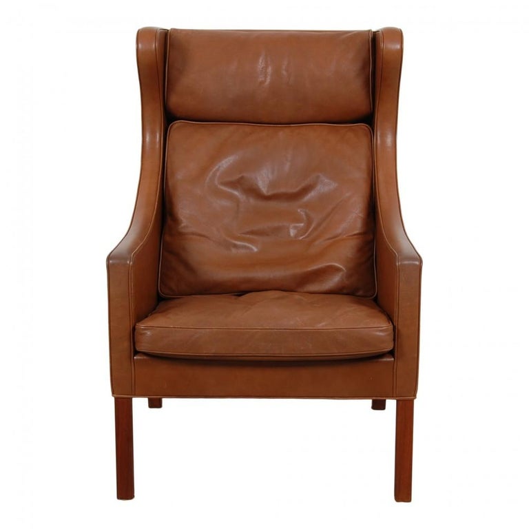 Børge Mogensen Wing Chair in Brown Leather For Sale at 1stDibs