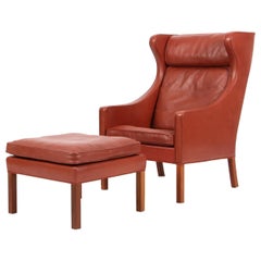 Børge Mogensen Wingback Chair and Ottoman, Model 2202 / 2204, Original Leather