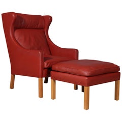 Børge Mogensen Wingback Chair and Ottoman, Model 2202 / 2204, Original Leather