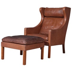 Børge Mogensen Wingback Chair and Ottoman, Model 2202 / 2204, Original Leather