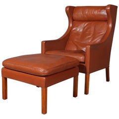 Børge Mogensen Wingback Chair and Ottoman, Model 2202 / 2204, Original Leather