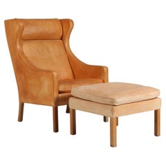 Børge Mogensen Wingback Chair and Ottoman, Model 2202 / 2204, Original Leather