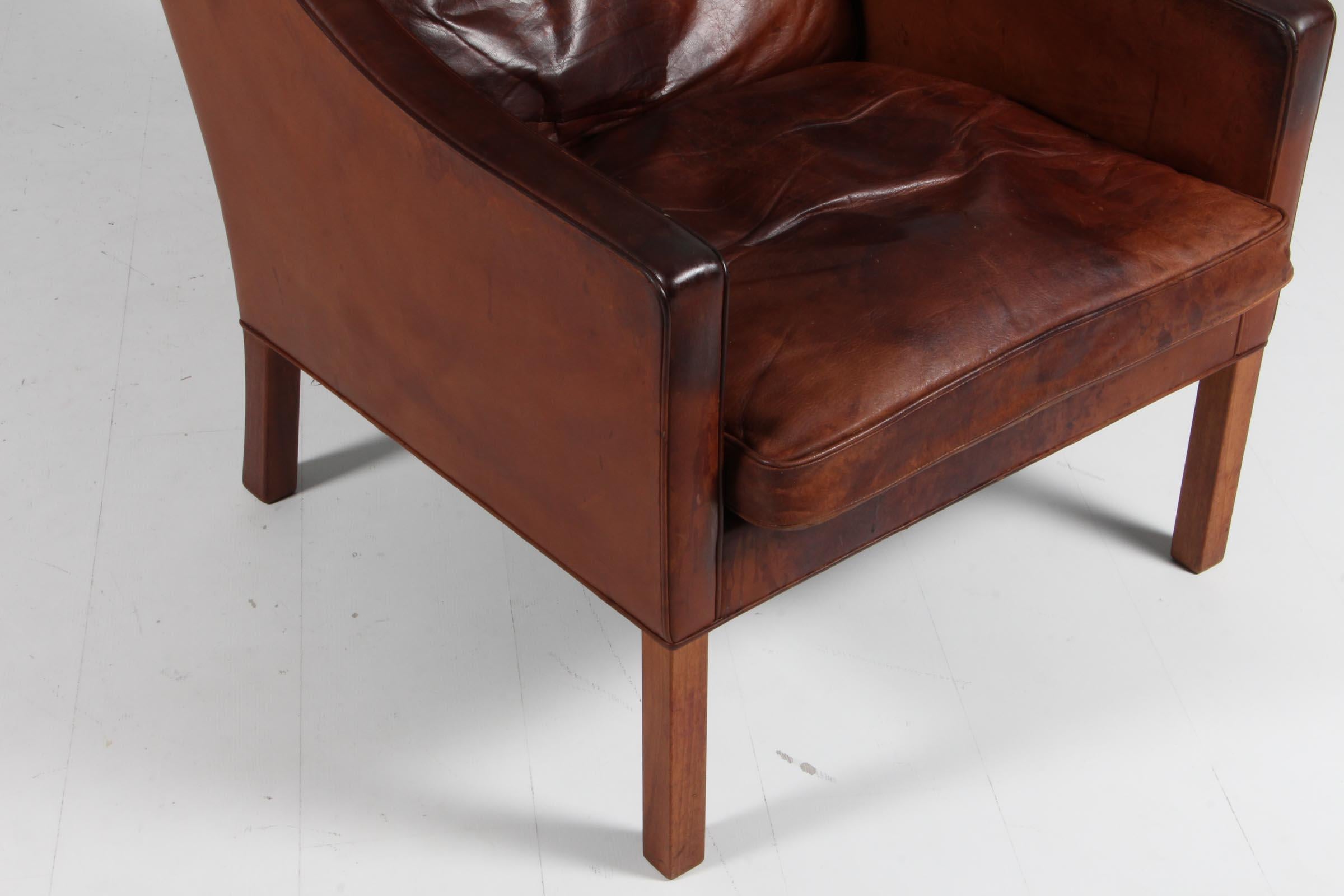 Danish Børge Mogensen Wingback Chair, original patinated nature leather