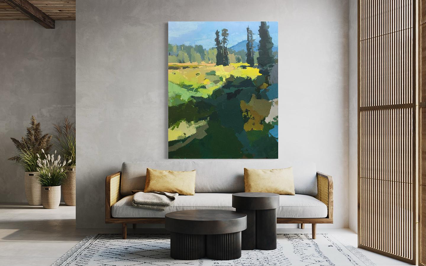 Questo originale dipinto a olio di un paesaggio astratto dell'artista Bri Custer è caratterizzato da una tavolozza blu con accenti di giallo e verde. L'artista applica pennellate di colore spesse e sciolte sulla superficie della tela, creando una