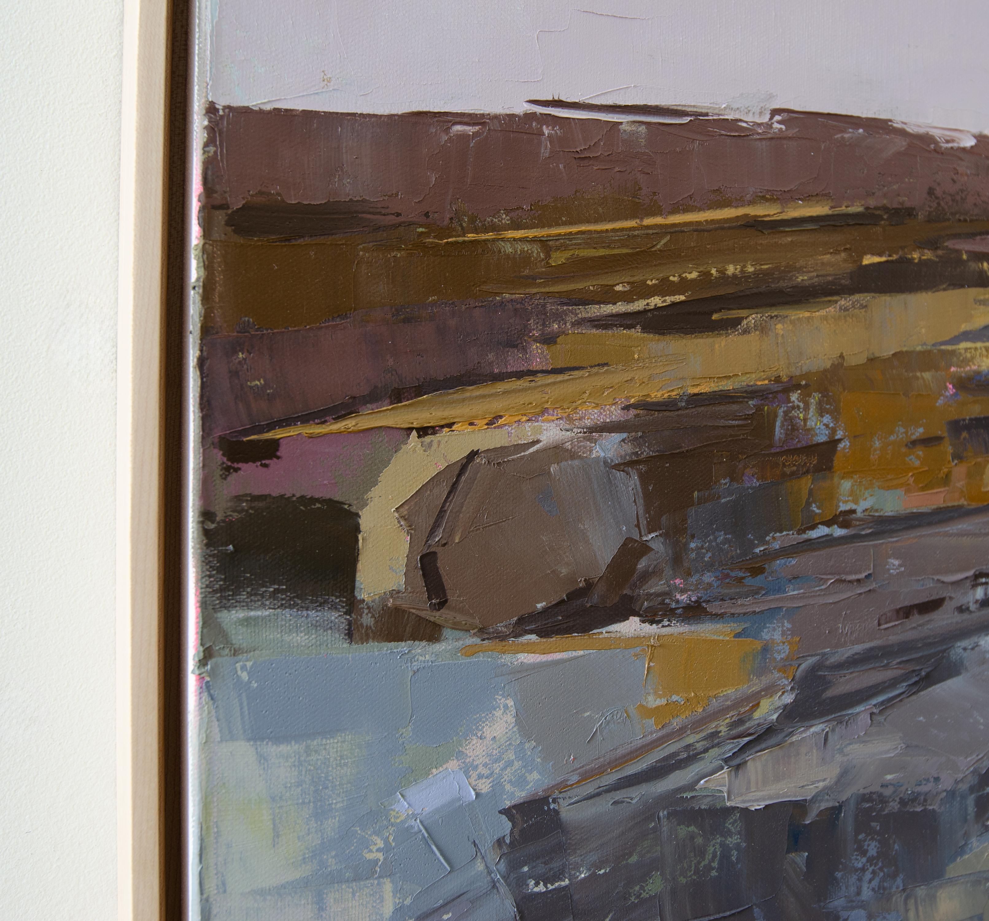 This contemporary landscape painting by Bri Custer, titled Extol, captures the quiet reverence of the natural world through expressive brushwork and a refined, earthy palette. The piece presents a rugged shoreline under a glowing sky, where