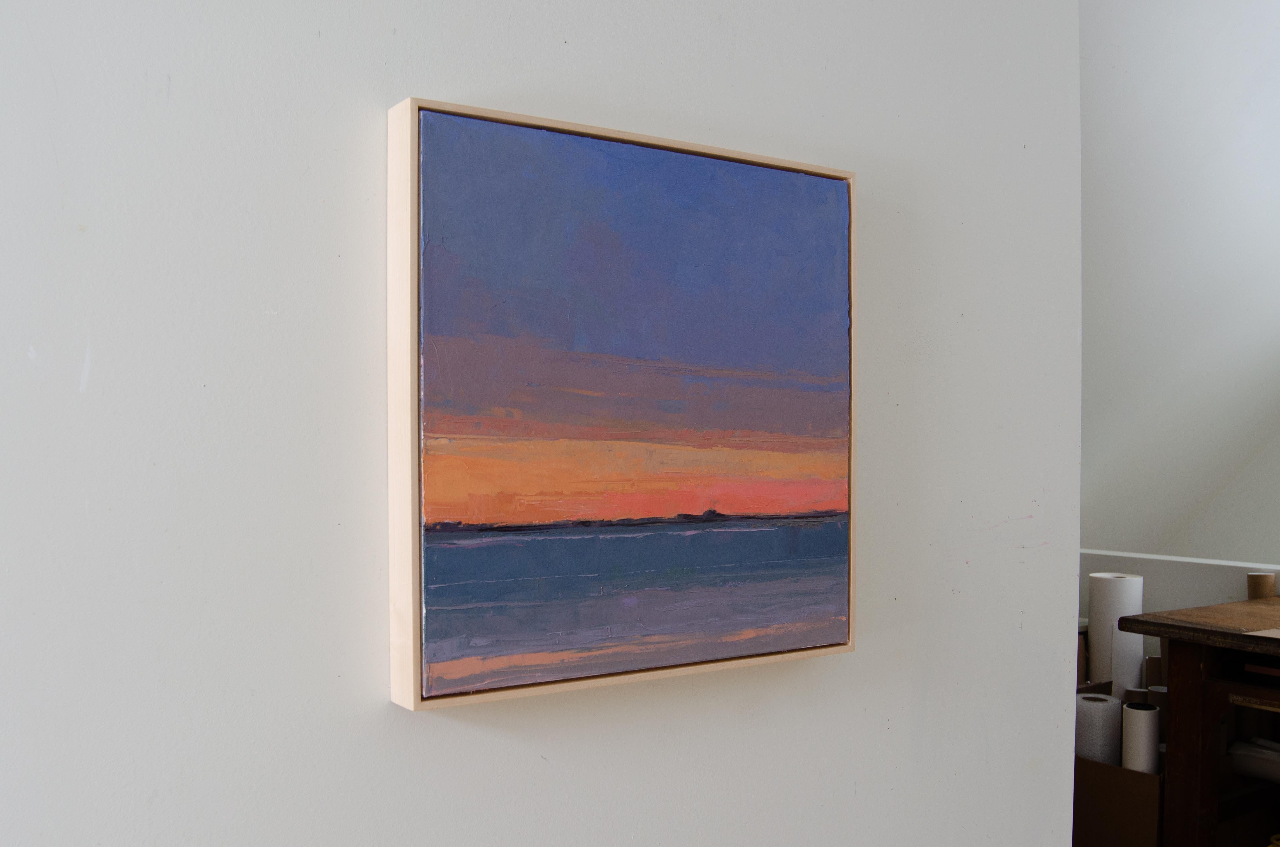 This contemporary abstract landscape painting by Bri Custer, titled Fever Dream, captures the electric quiet of a seascape at sunset. A band of radiant orange and blush dissolves into deep violet and indigo tones, evoking the fleeting intensity of