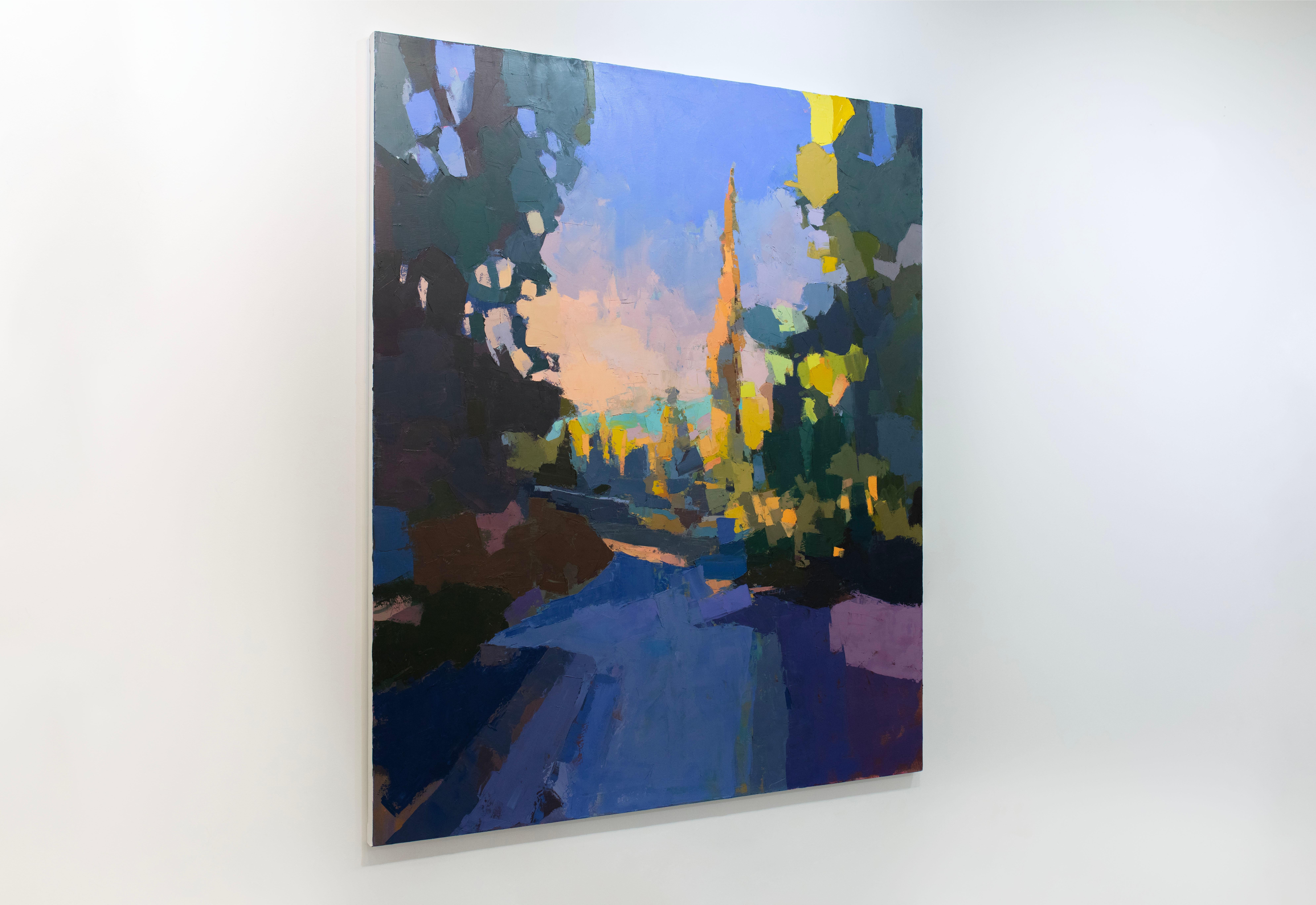 Questo originale dipinto a olio di un paesaggio astratto dell'artista Bri Custer presenta una tavolozza di colori blu freddo con accenti caldi di arancione e rosa. L'artista applica spessi strati di pittura con pennellate larghe e sciolte sulla