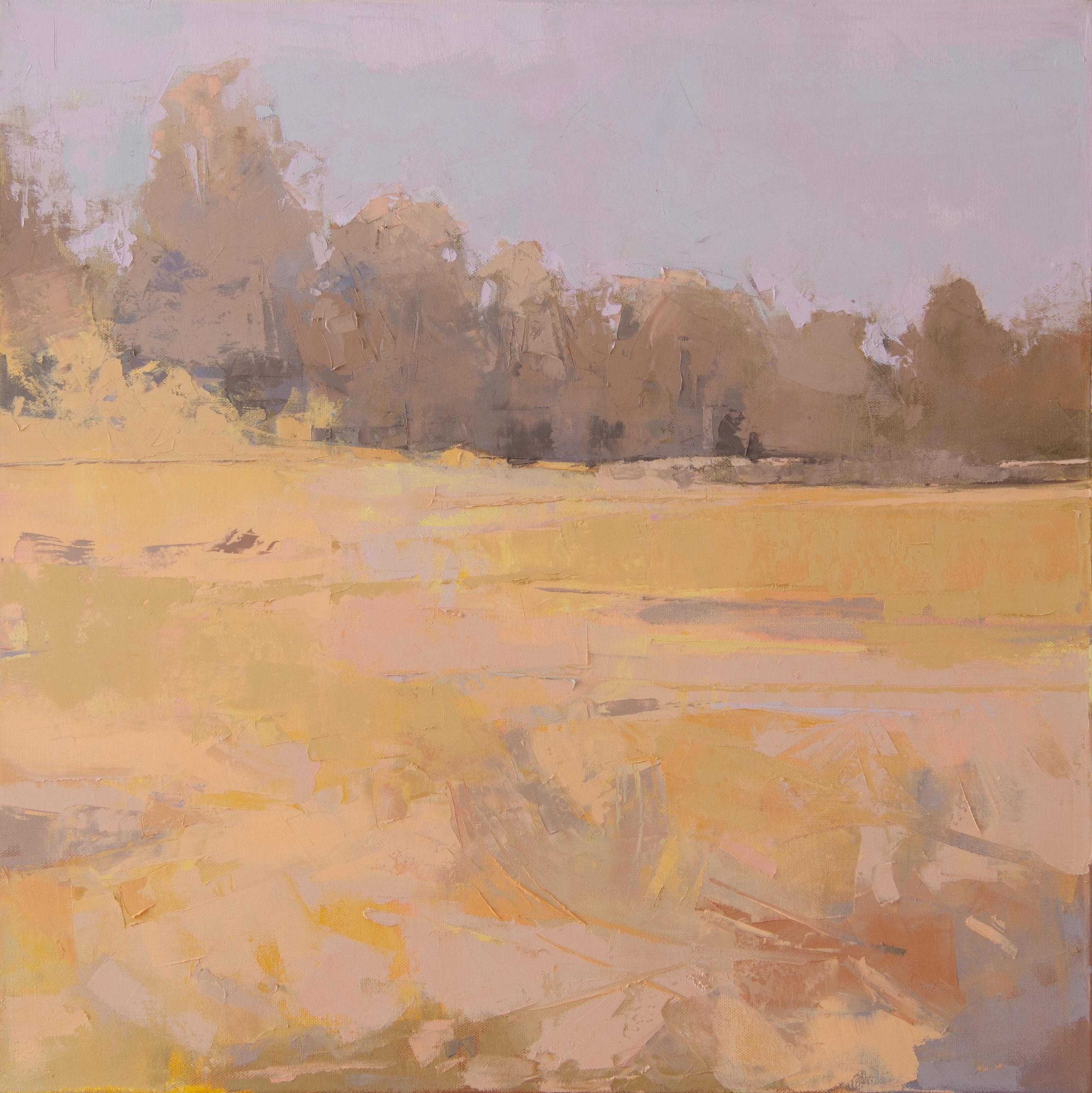 This contemporary abstract landscape painting by Bri Custer, titled Misstep, explores the tension between movement and stillness through expressive mark-making and a sunlit, tonal palette. A warm field of golden ochres and soft pinks stretches
