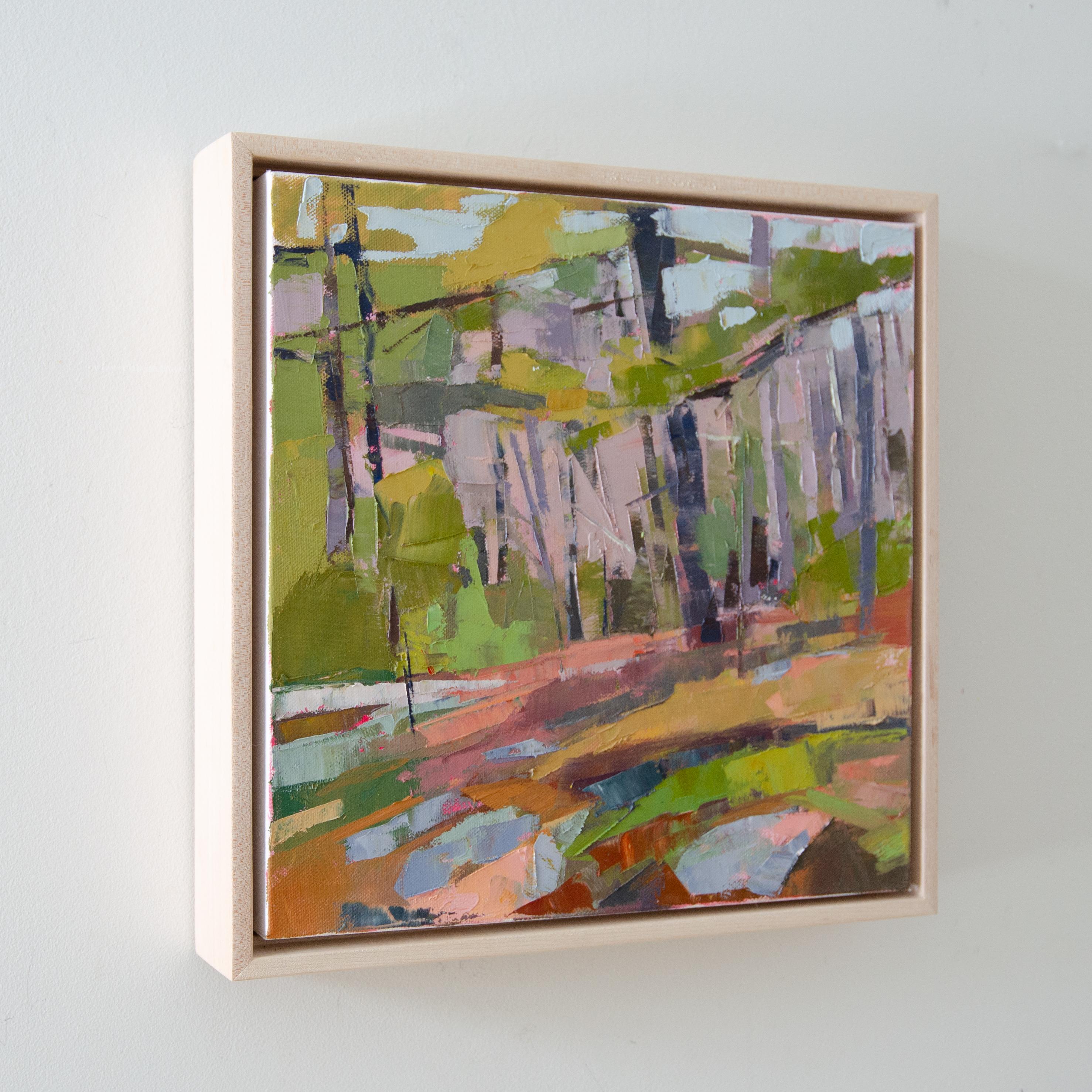 Potential pulses with kinetic color and form, offering a vibrant abstraction of a forest path flooded with light. Bri Custer’s distinctive approach blends bold geometry with nuanced painterly expression, using confident brushwork to layer vivid
