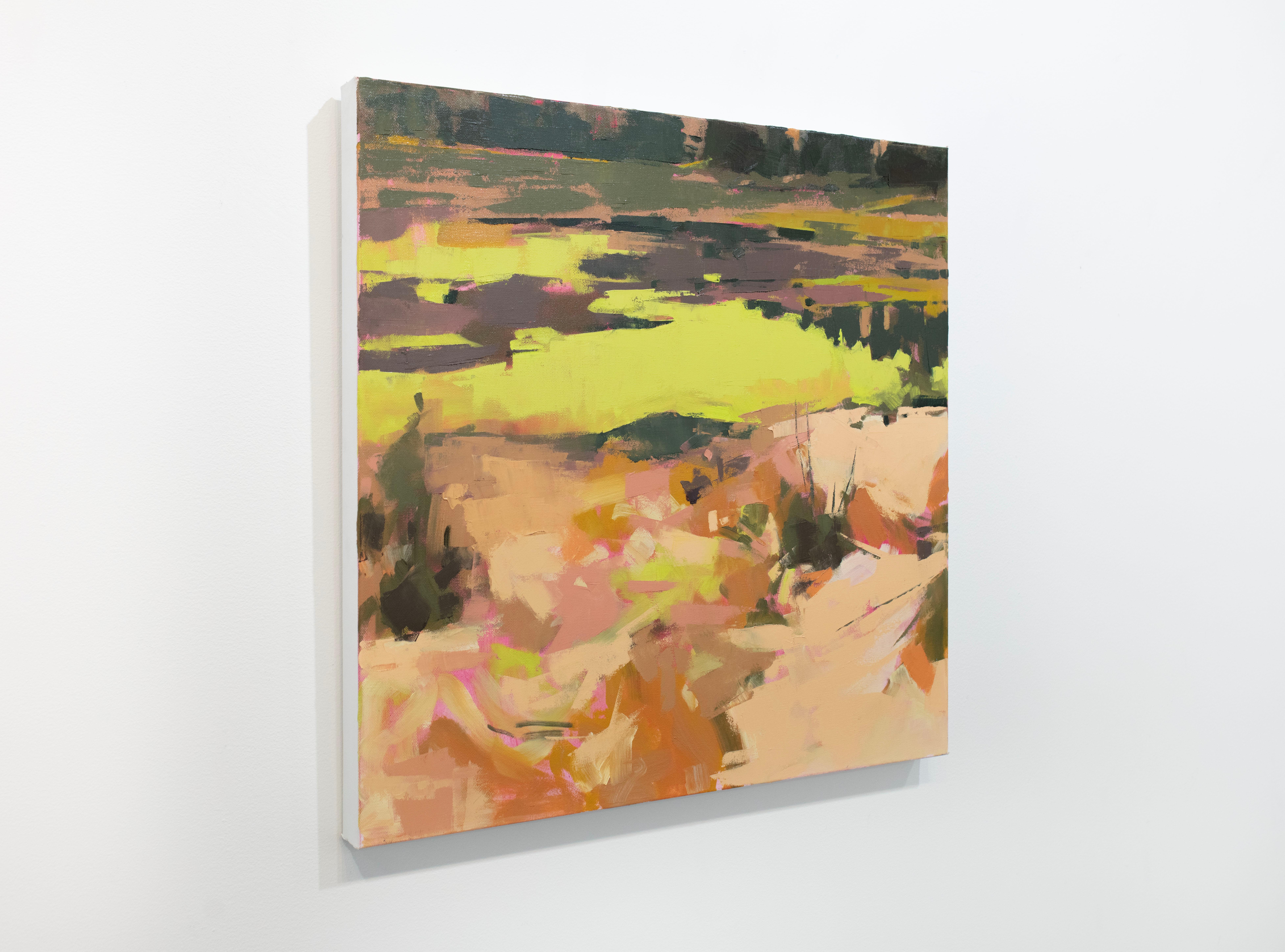This original abstracted landscape oil painting by artist Bri Custer features a palette of muted orange and earth tones contrasted by vibrant yellow, and thick, loose paint strokes applied over the surface of the canvas. The painting is made on
