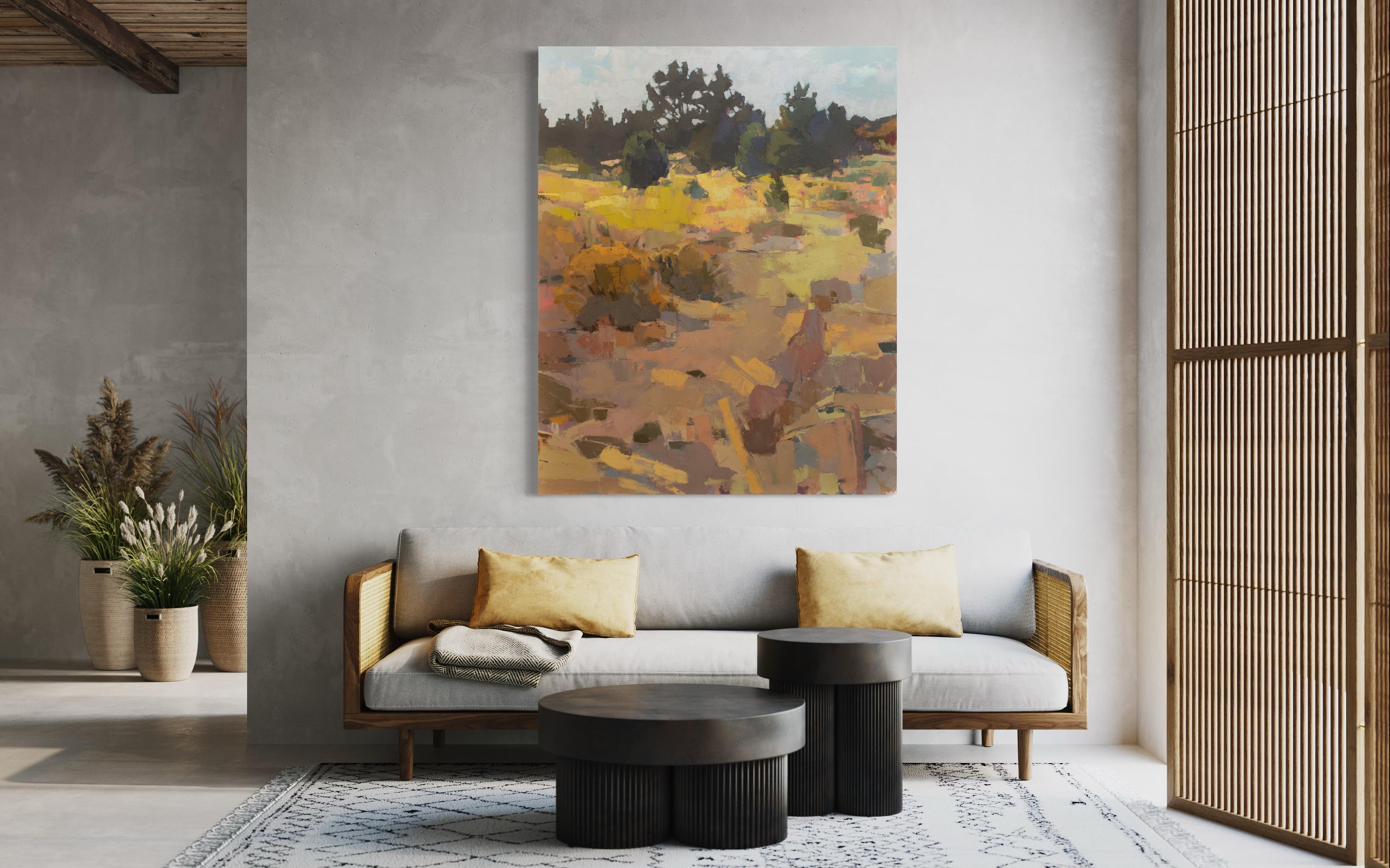 Questo originale dipinto a olio di un paesaggio astratto dell'artista Bri Custer è caratterizzato da una tavolozza calda e dai toni della terra e da pennellate spesse e sciolte sulla superficie della tela, che creano una texture. Il quadro è stato