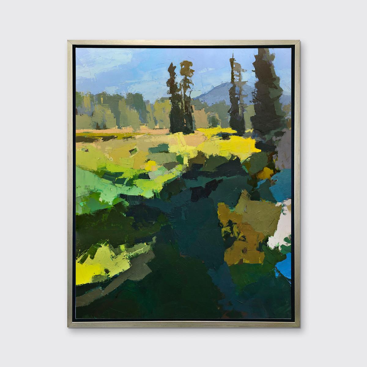This Limited Edition giclee landscape print by Bri Custer is an edition size of 195. It features a blue and green palette with vibrant yellow accents, and captures an abstracted landscape with large trees in the distance. Printed on canvas, this