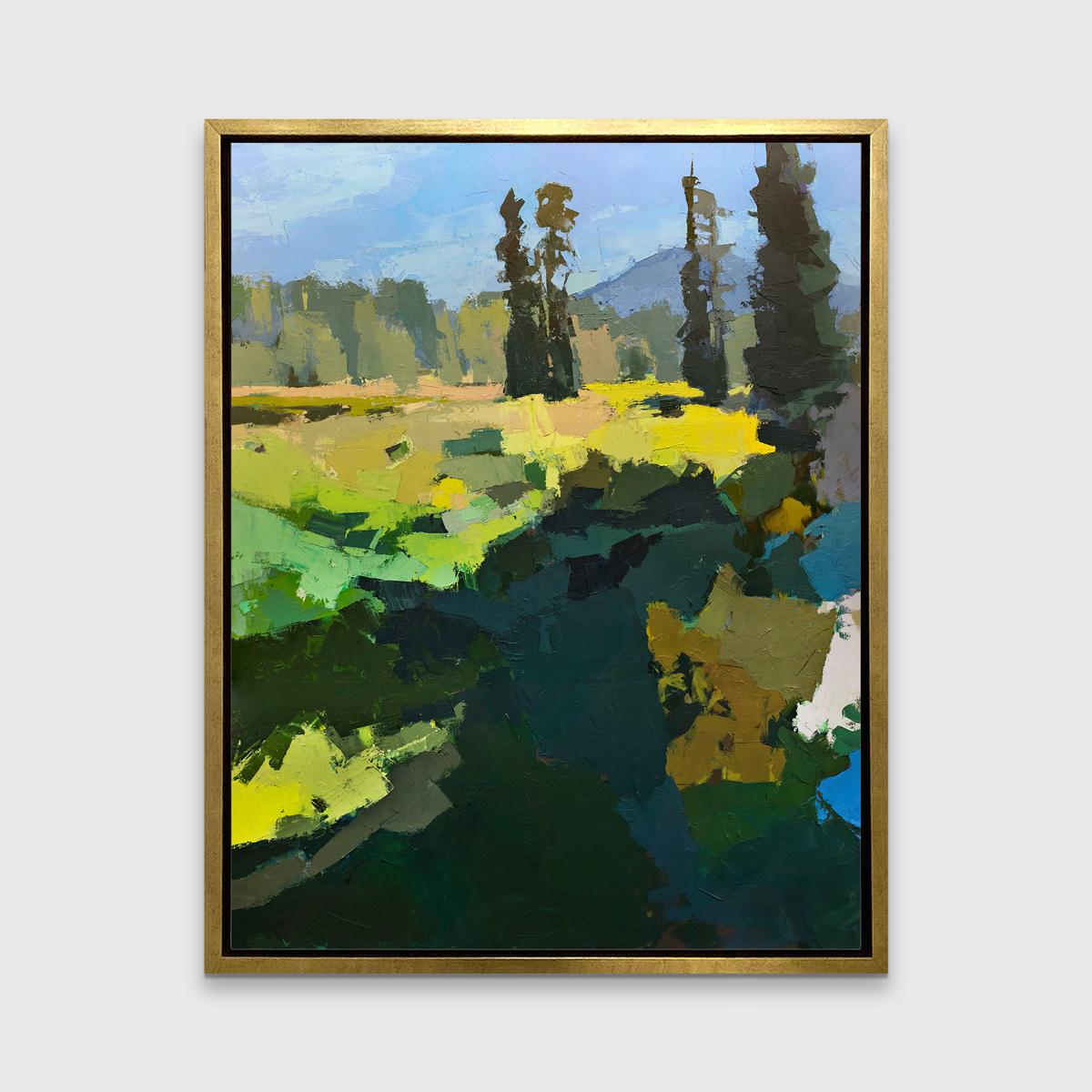 This Limited Edition giclee landscape print by Bri Custer is an edition size of 195. It features a blue and green palette with vibrant yellow accents, and captures an abstracted landscape with large trees in the distance. Printed on canvas, this